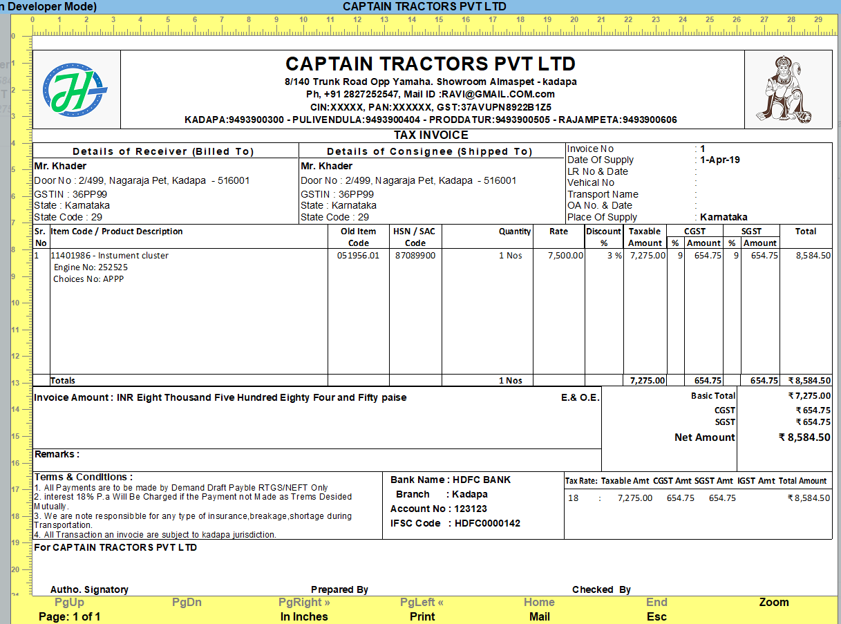 A4 Land Scape Tractors Invoice – TallyPrime add-on by AK Soft Solutions