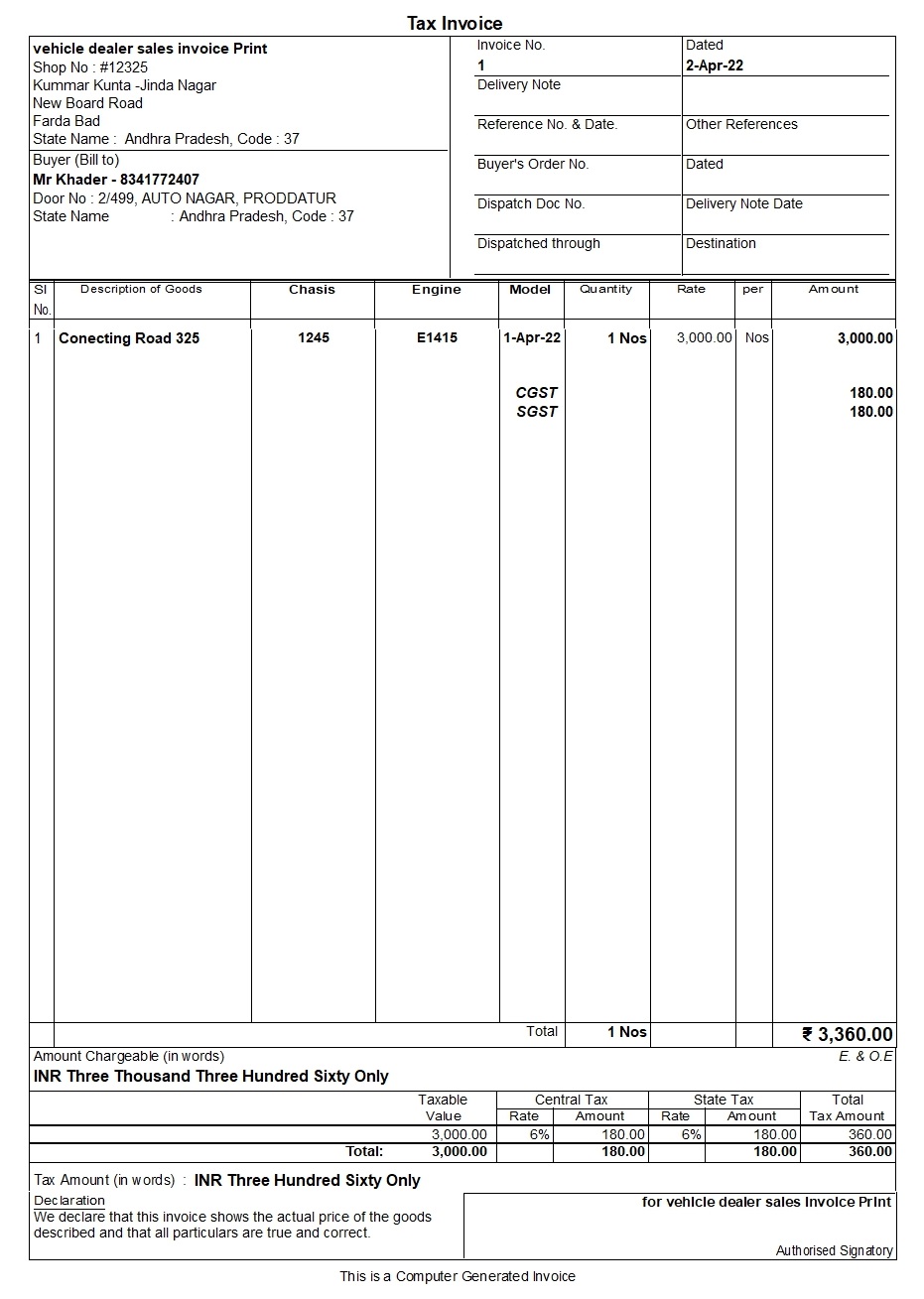 Automobile Dealers Sales Invoice – TallyPrime add-on by AK Soft Solutions