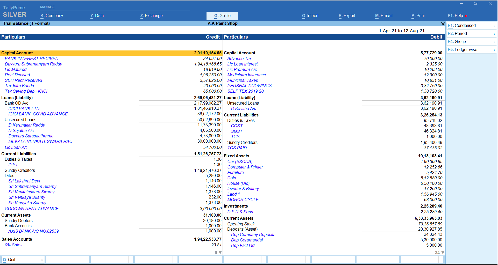 T- Format Trial Balance – TallyPrime add-on by AK Soft Solutions