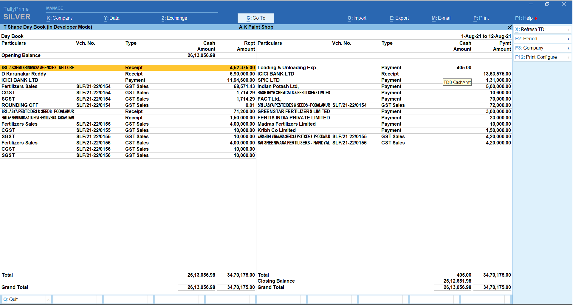 T Shape Day Book in Tally Prime – TallyPrime add-on by AK Soft Solutions